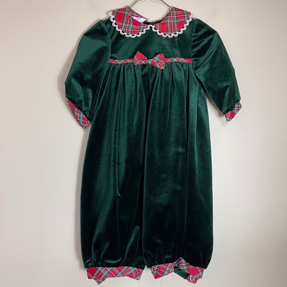 VTG Allison Ann Green Velvet Plaid Lace Trim Holiday Romper Jumpsuit 18M USA
